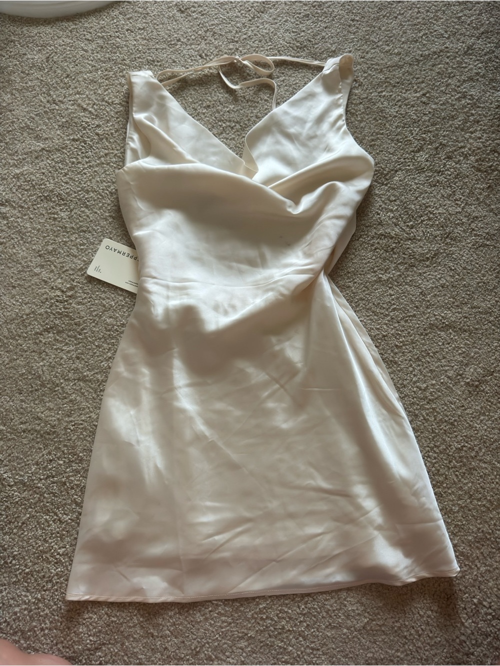 Peppermayo Cream Satin Cowl Slip Mini Dress